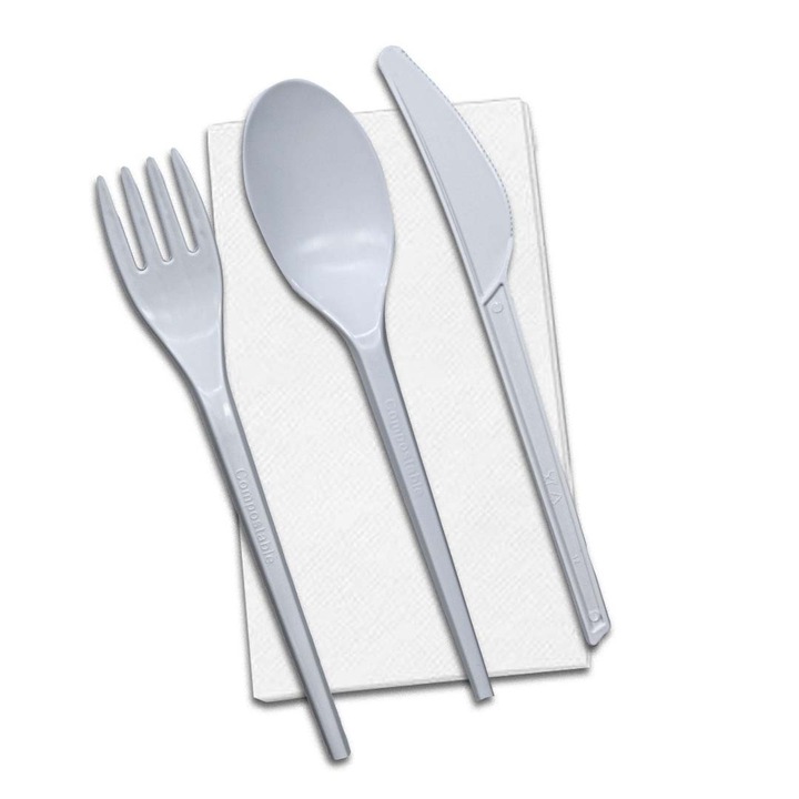 Set Tacamuri Furculita, Lingura, Cutit si Servetel Biodegradabile Cpla 100Buc