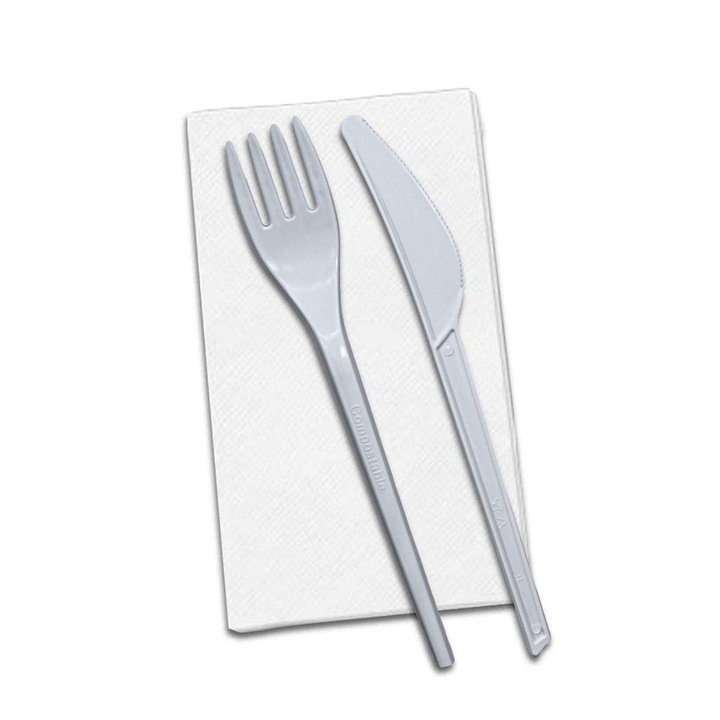 Set Tacamuri Fuculita, Cutit si Servetel Biodegradabile Cpla 100Buc