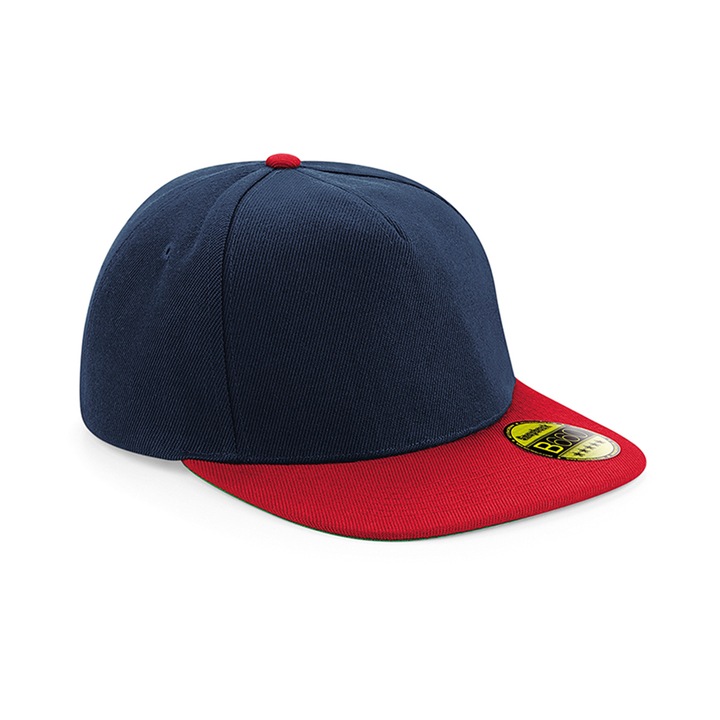 Sapca snapback 5 paneluri, Beechfield, cozoroc drept, navy-rosu