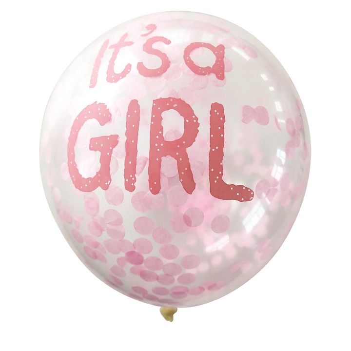 5 db fehér latex lufi készlet rózsaszín konfettivel, LÁNY, 35 cm