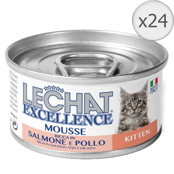 Hrana umeda pentru pisici Monge Lechat Excellence Junior, mousse somon si pui, 24 x 85 g