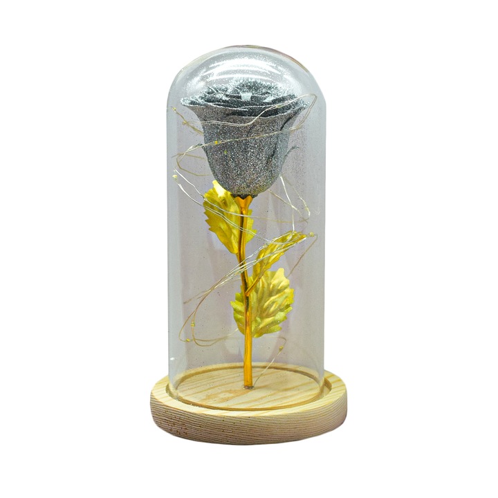 Aranjament floral in cupola de sticla, lumina Led, D4019, Argintiu, 9x20 cm