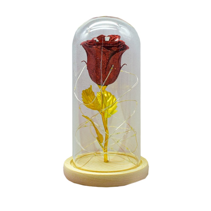 Флорална аранжировка в стъклен купол, Led светлина, D4019, Червена, 9x20 см