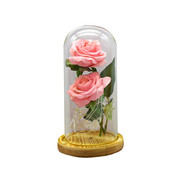 Aranjament floral in cupola de sticla, lumina Led, D4022, Roz, 9x20 cm