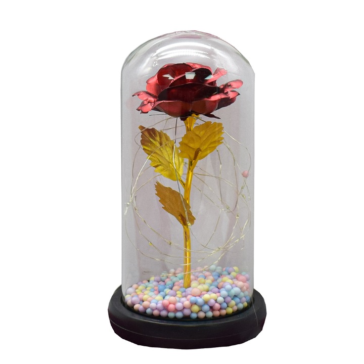 Aranjament floral in cupola de sticla, lumina Led, D4041, Rosu, 9x20 cm