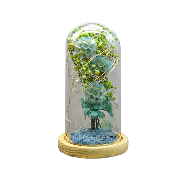 Aranjament floral in cupola de sticla, lumina Led, D4055, Blue, 9x20 cm