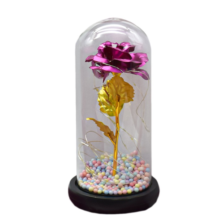 Aranjament floral in cupola de sticla, lumina Led, D4041, Roz, 9x20 cm