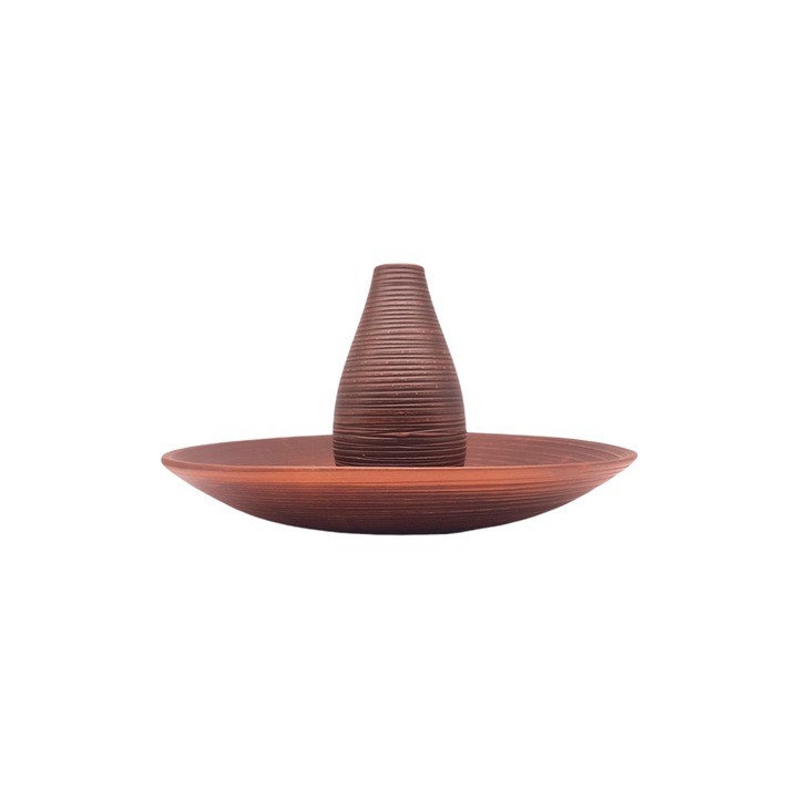 Suport pentru pui fript, din lut rosu, lucru manual, finisaj ecologic, diametru 32 cm, inaltime 21 cm