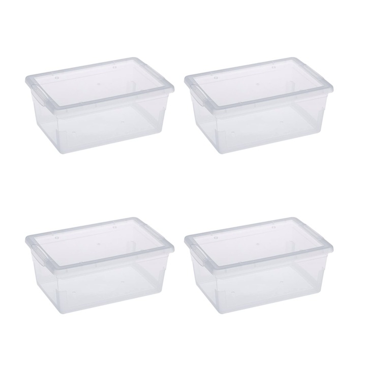 Set 4 cutii depozitare transparente, cu capac, 6 litri, 34 x 21 x 12 cm