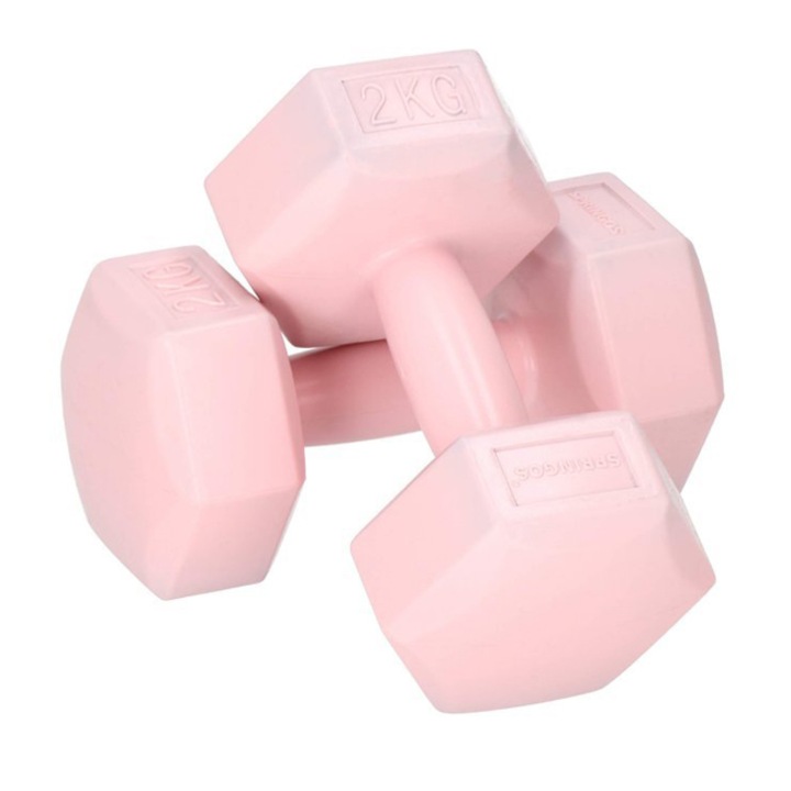Set 2 Gantere Hexagonale pentru Exercitii Fitness, 2x2kg, culoare Roz
