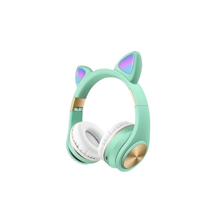 Безжични слушалки с котешки уши, bluetooth, Mint Green
