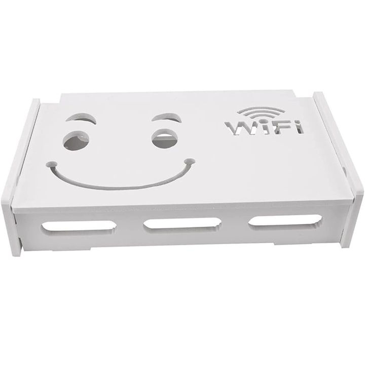 Raft Suport Router Wireless Cartek™ Smile M 40x20x10 cm pentru mascare fire si echipament WI-FI, posibilitate montare pe perete, alb