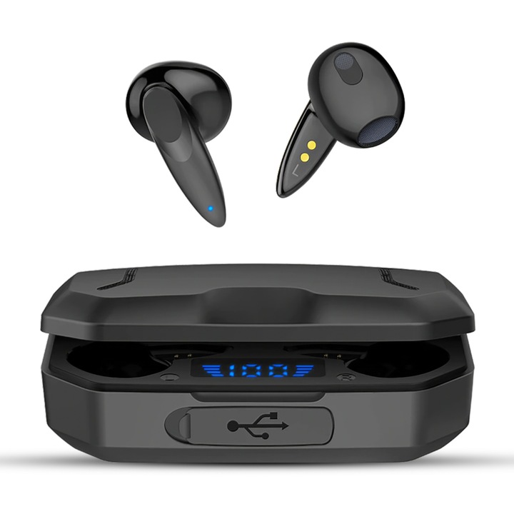 Casti Bluetooth SeveShop Supermax, Wireless, Powerbank 2200mAh Inclus, Control Touch, Waterproof, Handsfree, Activare Vocala Siri/Bixby, Compatibile Universale pentru iOS/Android, Iluminare LED, Izolare Zgomot Extern, Design Sportiv, Negru Mat