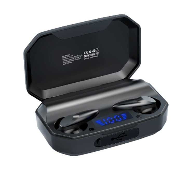 Casti Bluetooth SeveShop Supermax, cu powerbank de 2200mah inclus, wireless, fara fir, handsfree, Control Touch, Waterproof, Activare Vocala Siri/Bixby, Compatibilitate Universala - Negru Mat