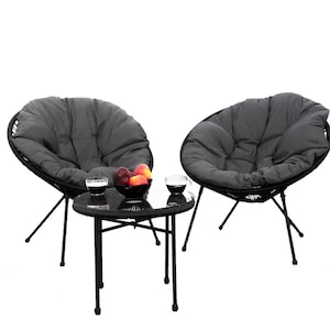 Set mobilier terasa, 2 scaune cu perna si masa cu blat de sticla, metal si ratan artificial, 85x71x85 cm (scaun) 50x44 (masa)