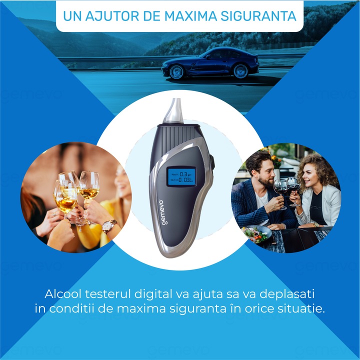 Alcool Tester Gemevo® Etilotest Profesional Digital, Portabil, Functie de memorare, Acuratete +/- 0.01%BAC, Display LCD, Culoare Negru