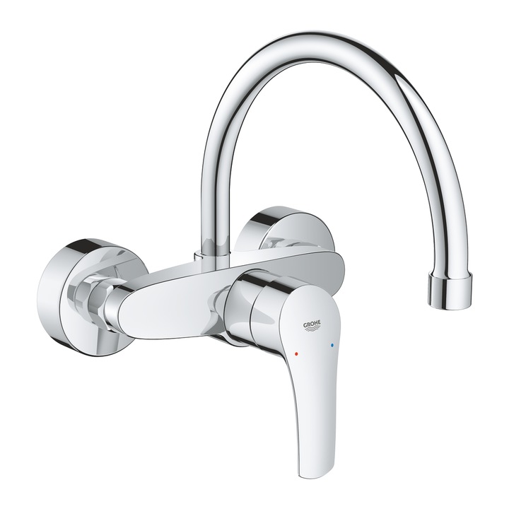 Смесител Grohe Eurosmart, Стенен, Кухненски, Въртящ се чучур, Хром