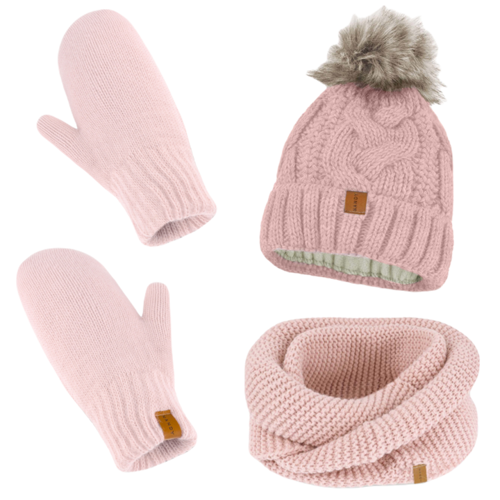 Set tricotat cu caciula, fular si manusi, Nandy, roz, marime universala, ZEST-CKR-14537-PUD-ROZ