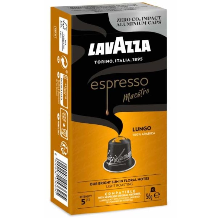 Cafea capsule Lavazza Lungo, compatibile Nespresso, aluminiu, 10x5,7g