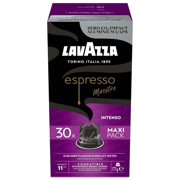 Cafea capsule Lavazza Espresso Intenso, compatibile Nespresso, aluminiu, 30x5,7g