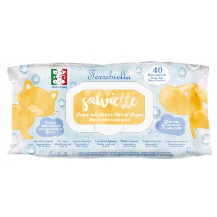 Servetele umede cu apa micelara si ulei de argan pentru caini si pisici, pachet 40 buc