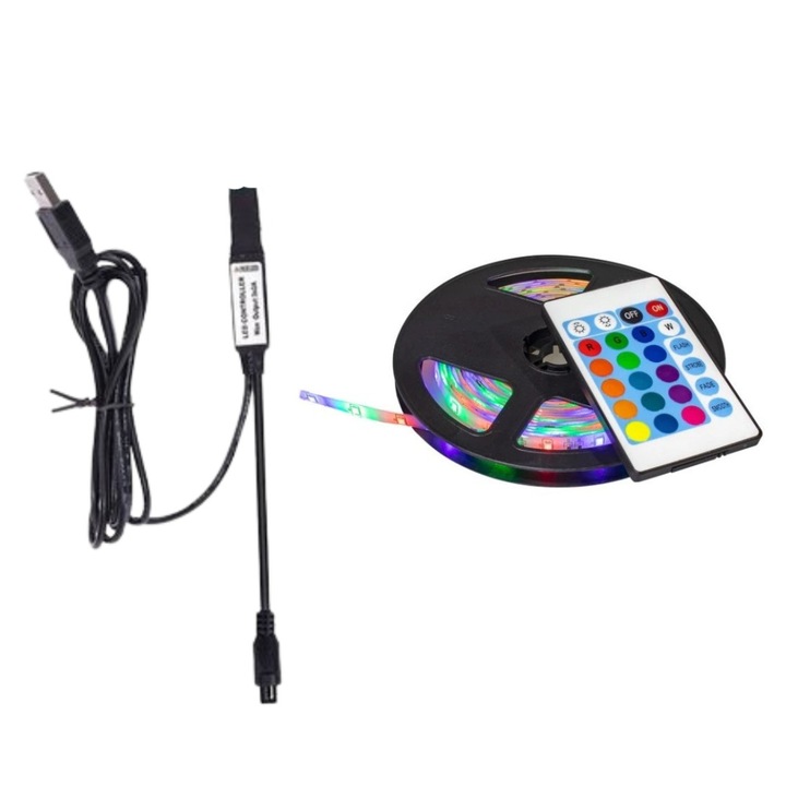 Banda RGB LED strips cu conectare USB si telecomanda 24 taste, 5m, 60013