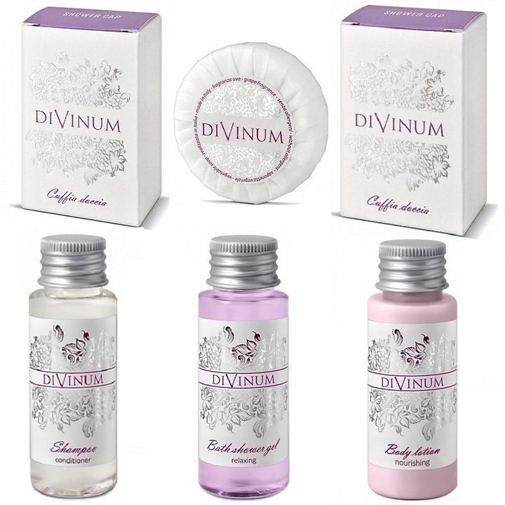 Set Cosmetice pentru Hotel cu Extracte Naturale de Struguri, compus din 50 x Sampon Hotelier 30 ml, 50 x Sapun Hotelier 25 g, 50 x Crema de Corp 30ml, 50 x Gel de Dus 30 ml, 50 x Casca de Dus, 50 x Vanity kit