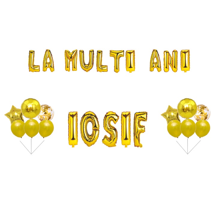 Комплект Happy Birthday Iosif Balloons, Cake topper, Gold, 35 бр