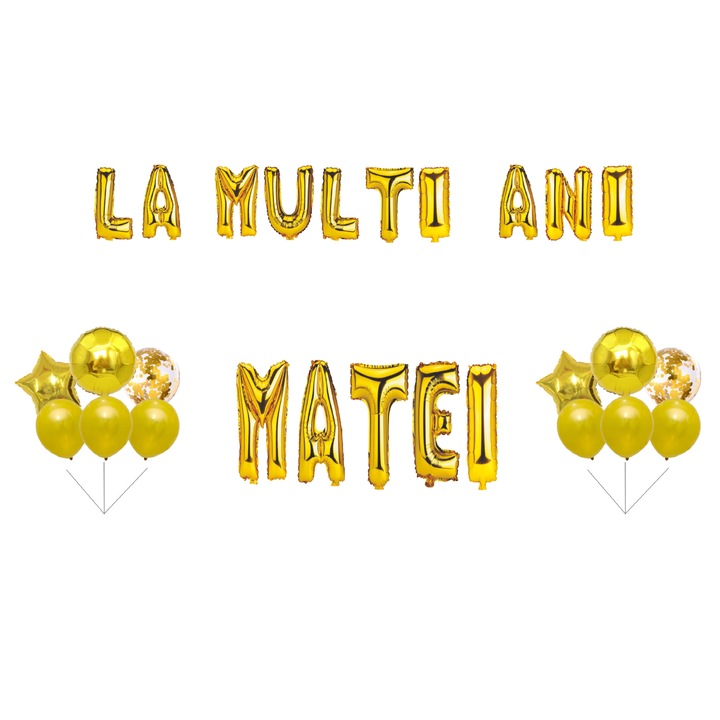 Boldog születésnapot Matei lufi szett, tortafeltét, arany, 35 db