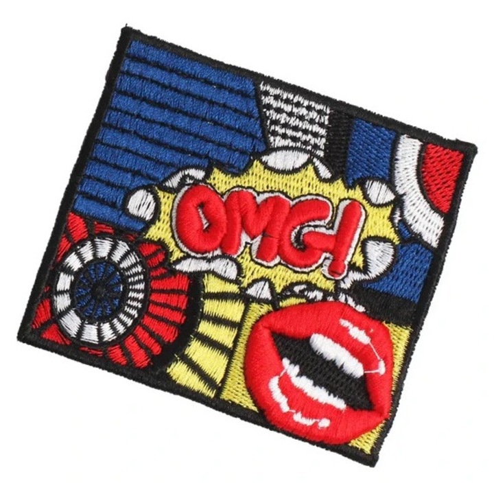 Petic textil brodat OMG si buze in relief, Popart 8.8x7.8 cm