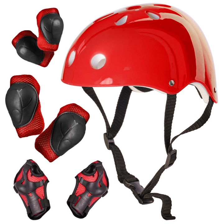 Set echipament protectie skateboard, pentru copii, Zola®, casca/genunchiere/cotiere/ protectie maini, ajustabile, rosu