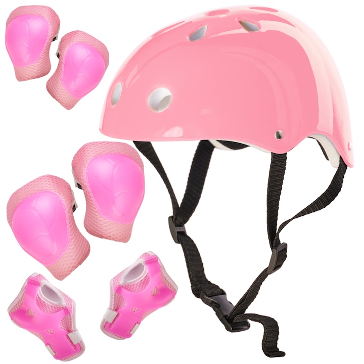 Set echipament protectie skateboard, pentru copii, Zola®, casca/genunchiere/cotiere/ protectie maini, ajustabile, roz