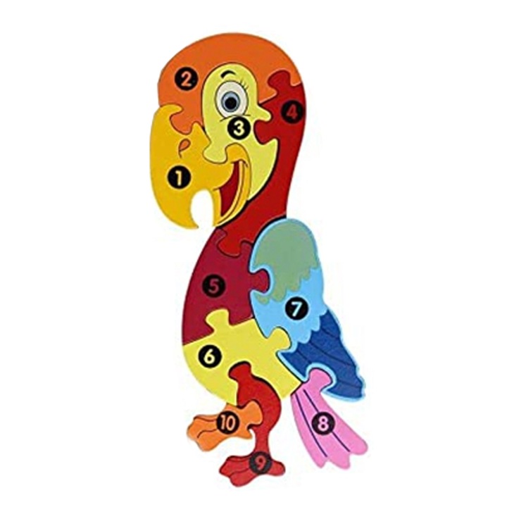 Zenuk® fából készült gyerekpuzzle – papagáj alakú, számozott, tartólappal, 10 darab, többszínű