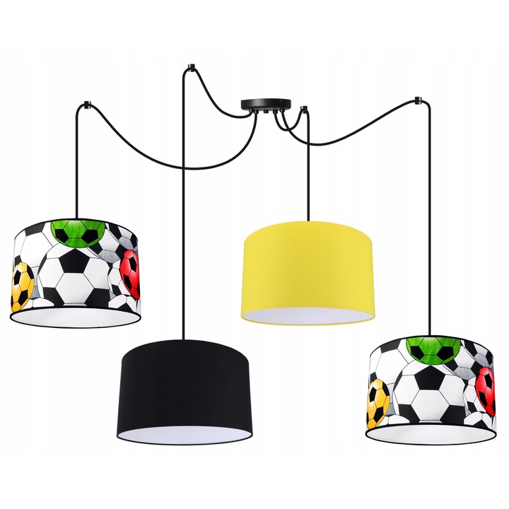 Lustra fotbal pentru copii, Light Home, Spider Soccer, Desing moderne, E27, Numarul de puncte luminoase 4, Iluminat interior, Lungime, Material tesatura, Galben/Negru/Multicolor