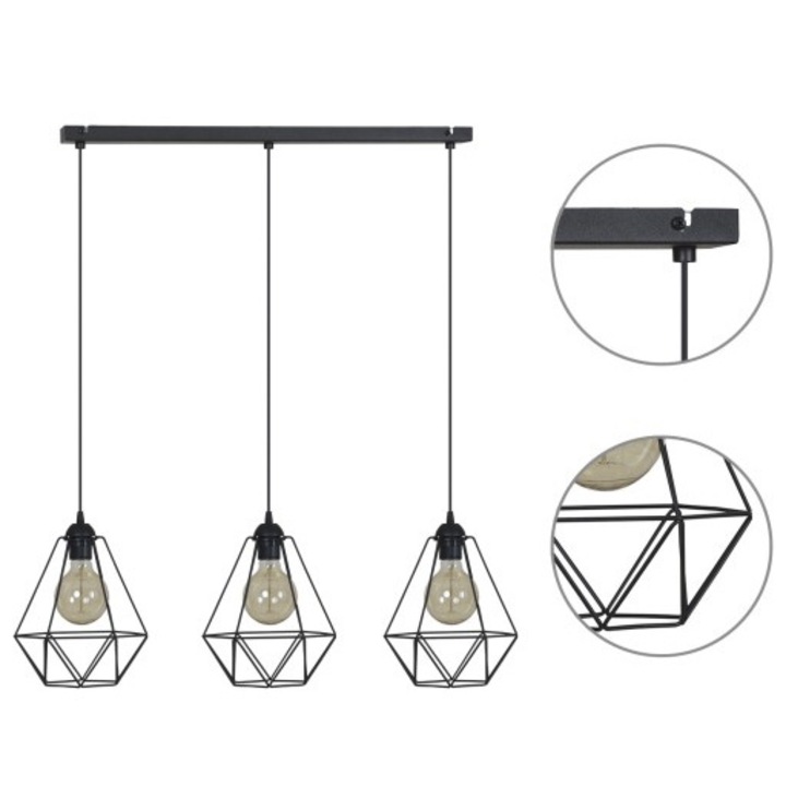 Plafoniera suspendata, Light Home, Fusion, reglabile, Lungime 100 cm, Latime 76 cm, Abajur 23 cm, E27, 3 punct de lumina, metal, Negru