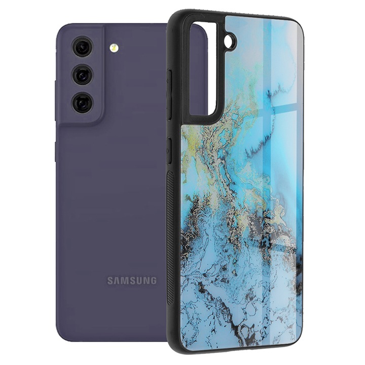 Husa de protectie pentru Samsung Galaxy S22, silicon TPU si Sticla Securizata, Aziao Marble Design, Albastru Deschis