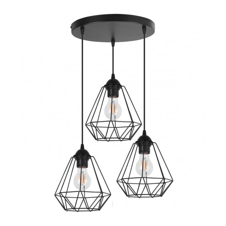 Lustra cu 3 brate, Light Home, Corral, Desing loft, E27, Numarul de puncte luminoase 3, Iluminat interior, Latime 19cm, Lungime 30, Metal, Negru