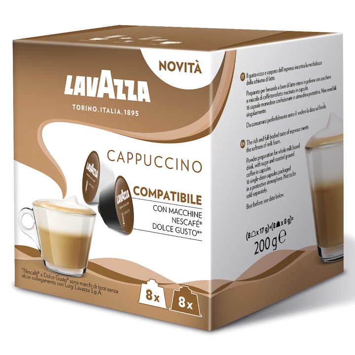 Pachet promo: 2 x Cafea capsule Lavazza Capuccino, compatibile Dolce Gusto, 16x8g