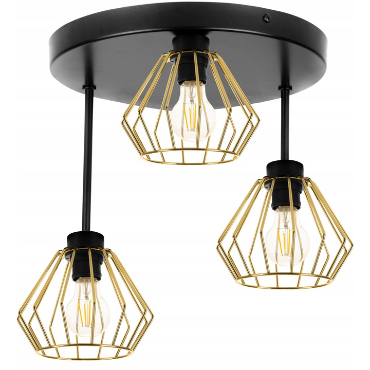 Плафон с 3 рамена Light Home, Метал, 35,5 см, Черен/Златен
