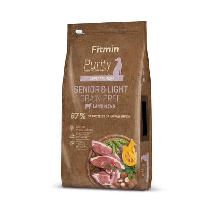 Hrana uscata caini senior, FITMIN Dog Purity Grain free senior & light lamb, cu miel 12 kg