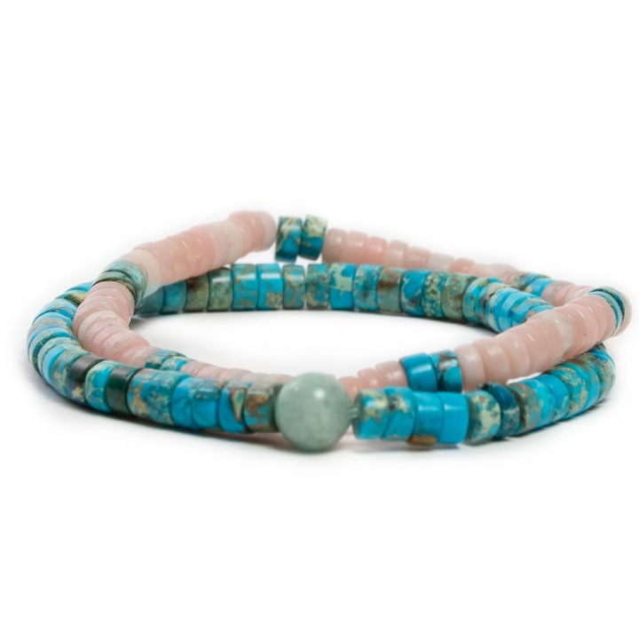 Set bratari handmade Krishna dama, Ezera, din pietre naturale de Turcoaz si Cuart Roz, discuri de 5mm, roz-turcoaz, 17-18 cm