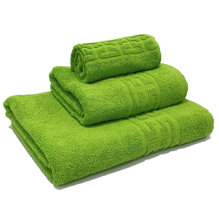 Комплект 3 кърпи за баня, Памук, 70x130 см, 50x90 см, 30x50 см, Зелен