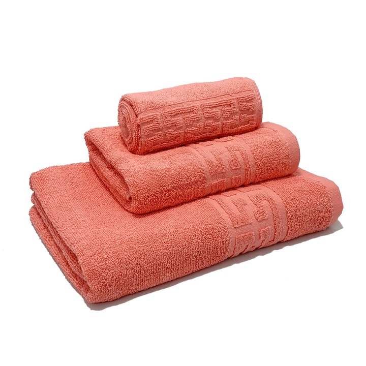 Комплект 3 кърпи за баня 70х130 см, 50х90 см, 30х50 см, памук, корал