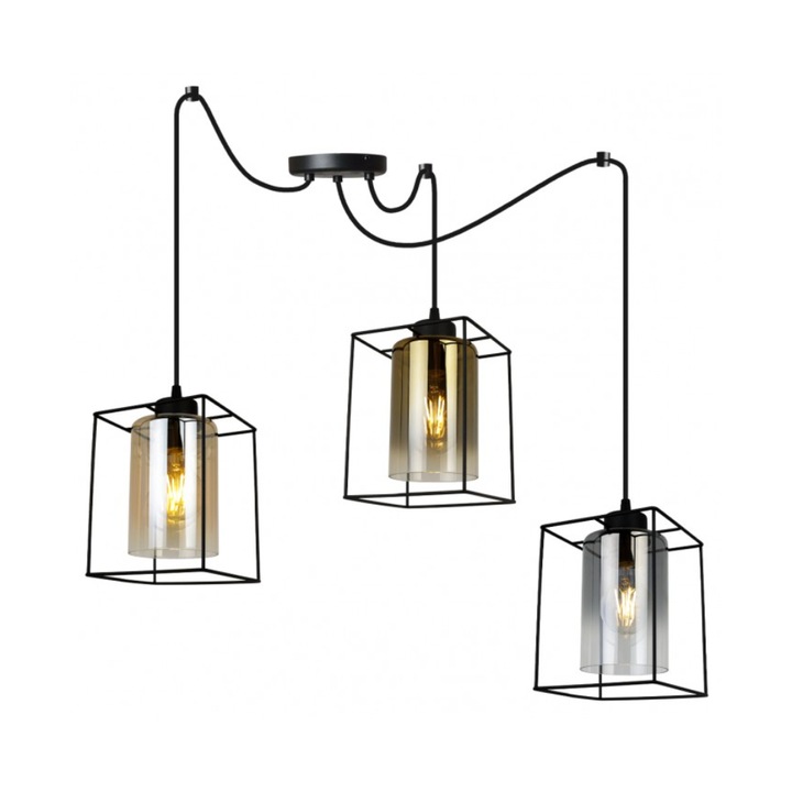 Pendul triplu Spider Hella Cage, Light Home, Metal, Soclu E27, 200 cm, Negru