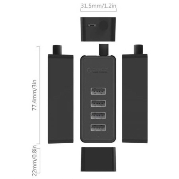 USB Hub USB Splitter, Orico W5P-U2-100-BK-PRO USB2.0, 4 portos hub 1 méteres kábellel