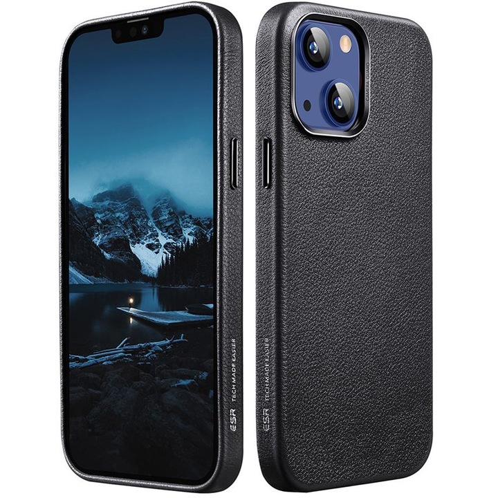 Husa compatibila cu iPhone 13, ESR, Piele naturala, Negru