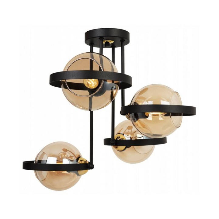 Модерен полилей, Light Home, С 4 стъклени абажура, E27, 45 см, Метал, Черен