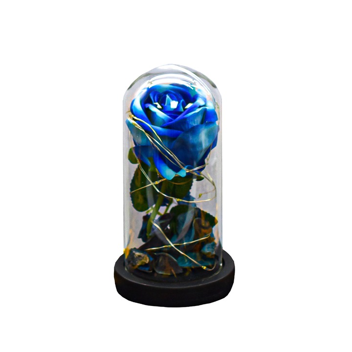 Aranjament floral in cupola de sticla, lumina Led, D4013, Albastru, 8x17 cm