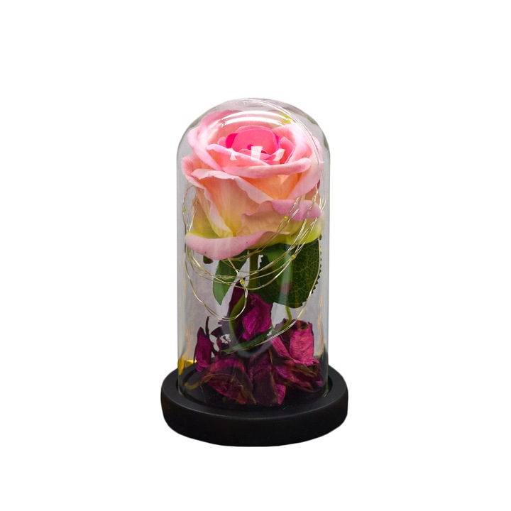 Aranjament floral in cupola de sticla, lumina Led, D4013, Roz, 8x17 cm