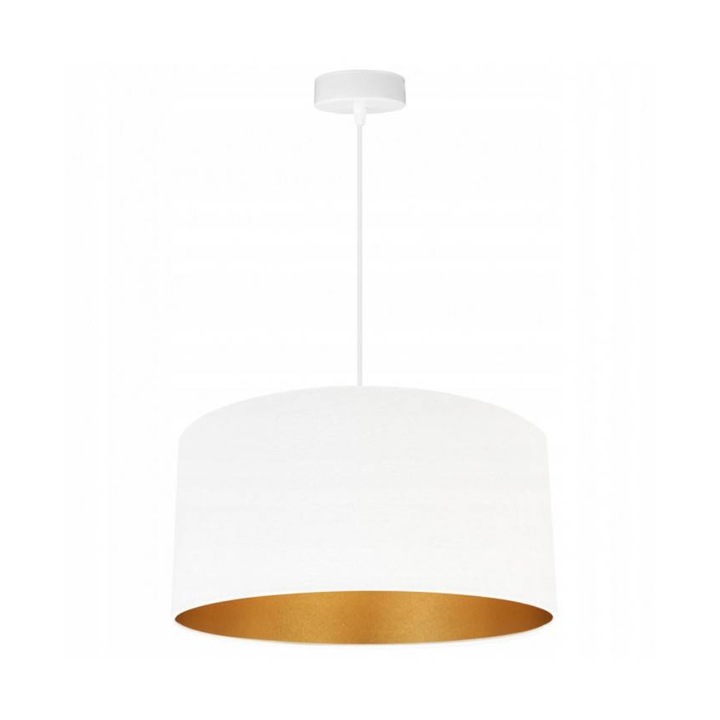 Plafoniera suspendata cu abajur, Light Home, Mediolan, reglabile, Lungime 100 cm, Latime 40 cm, Abajur 40 cm, E27, 1 punct de lumina, material textil, Alb/Auriu